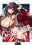  1girl absurdres ahoge armpits azur_lane bikini black_bikini black_choker black_hair black_legwear blush breasts choker cleavage closed_mouth commentary copyright_name covered_nipples cowboy_shot eyebrows_visible_through_hair eyewear_on_head glint hair_between_eyes highres iparuputsua jacket large_breasts leaning_forward light_particles lips long_hair looking_at_viewer official_alternate_costume open_clothes open_jacket race_queen red_eyes red_jacket sagging_breasts skindentation smile solo string_bikini swimsuit taihou_(azur_lane) taihou_(enraptured_companion)_(azur_lane) thigh_strap thighhighs twintails 