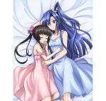  2girls artist_request bare_shoulders black_hair blue_eyes blue_hair blue_nightgown blush breasts closed_eyes closed_mouth collarbone cuddling hair_ornament hair_ribbon kazanari_tsubasa long_hair looking_at_another lying multiple_girls nightgown official_art on_side open_mouth pillarboxed pink_nightgown ribbon senki_zesshou_symphogear senki_zesshou_symphogear_xd_unlimited shiny shiny_hair side_ponytail small_breasts smile tsukuyomi_shirabe twintails yuri 