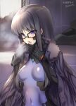 1girl bangs black_gloves black_hair blush bodysuit breasts breath commission covered_navel covered_nipples eyebrows_visible_through_hair fortified_suit fur_trim glasses gloves gretel_jeckeln hair_behind_ear highres jacket jacket_on_shoulders long_hair makishima_azusa mecha muvluv muvluv_alternative open_mouth pilot_suit purple_eyes purple_jacket schwarzesmarken skeb_commission skin_tight small_breasts solo 