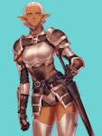  1girl armor avatar_(ff11) black_gloves blue_background boobplate breastplate closed_mouth contrapposto cowboy_shot dark-skinned_female dark_skin elbow_gloves elf elvaan faulds final_fantasy final_fantasy_xi gloves lips pink_lips pointy_ears short_hair shoulder_armor silver_hair simple_background solo sword thighhighs thighs turtleneck vambraces weapon yellow_eyes yuccoshi zettai_ryouiki 