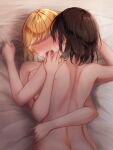  2girls back bed_sheet blonde_hair blush breast_press breasts breath brown_hair commentary facing_viewer from_above fumei_(mugendai) heavy_breathing highres hug lying lying_on_person maribel_hearn medium_breasts medium_hair multiple_girls no_eyes nude on_back on_bed on_stomach open_mouth sheet_grab short_hair sweat touhou upper_body usami_renko yuri 