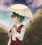  1girl absurdres artist_name ascot bangs blue_sky breasts bush buttons closed_mouth cloud cloudy_sky collar collared_shirt commentary eyebrows_visible_through_hair flower gradient gradient_sky green_hair hair_between_eyes hand_up highres kazami_yuuka koto_(shiberia39) leaf long_sleeves looking_to_the_side medium_breasts open_clothes open_vest plaid plaid_skirt plaid_vest red_eyes red_flower red_rose red_skirt red_vest rose shirt short_hair skirt sky smile solo touhou umbrella vest white_shirt yellow_ascot 