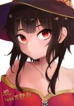  1girl absurdres bangs bare_shoulders brown_hair close-up closed_mouth collarbone commentary dress expressionless eyelashes hat highres kono_subarashii_sekai_ni_shukufuku_wo! looking_at_viewer megumin messy_hair milestone_celebration off-shoulder_dress off_shoulder portrait red_dress red_eyes short_hair short_hair_with_long_locks sidelocks simple_background solo tombox translated white_background witch_hat 