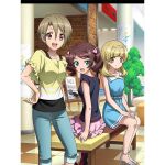  3girls andou_kuriyo artist_request blonde_hair blue_dress blush breasts brown_eyes brown_hair closed_mouth dress eyebrows_visible_through_hair green_eyes hair_ornament hair_ribbon hairband hand_on_hip indoors itaba_yumi looking_at_viewer mall multiple_girls official_art open_mouth pants pillarboxed pink_skirt plant potted_plant red_eyes ribbon senki_zesshou_symphogear senki_zesshou_symphogear_xd_unlimited shiny shiny_hair short_hair sitting skirt small_breasts smile standing terashima_shiori twintails 