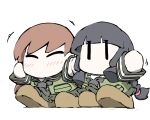  2girls ^_^ bangs black_hair blunt_bangs blush braid brown_footwear brown_hair chibi closed_eyes commentary_request green_neckerchief green_sailor_collar green_shirt green_skirt hair_ribbon kantai_collection kitakami_(kancolle) long_hair multiple_girls neckerchief no_mouth ooi_(kancolle) pleated_skirt ribbon sailor_collar school_uniform serafuku shirt shoes sidelocks simple_background skirt task_(s_task80) tress_ribbon uniform waving white_background |_| 