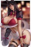  1girl ahri_(league_of_legends) animal_ears apron bangs bell bikini black_hair black_legwear blurry blurry_background bow braid braided_ponytail breasts eyebrows_visible_through_hair facial_mark fox_ears fox_tail hair_between_eyes large_breasts league_of_legends lips long_hair looking_at_viewer mismatched_bikini multiple_tails navel olchas parted_bangs red_bow short_sleeves shrug_(clothing) solo swimsuit tail thigh_strap thighhighs tray waist_apron waitress whisker_markings yellow_eyes 