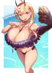  1girl absurdres ahoge armpits azur_lane bare_legs between_breasts bikini black_bikini black_gloves blonde_hair blush bracelet breasts cellphone character_name choker cleavage commentary copyright_name demon_horns elbow_gloves eyelashes fangs feet_out_of_frame flower frilled_bikini frills gloves hair_flower hair_ornament heart heart-shaped_pupils highres holding holding_phone horns iparuputsua jewelry kumano_(azur_lane) kumano_(fancy_waves)_(azur_lane) large_breasts long_hair looking_at_viewer mismatched_bikini multi-strapped_bikini off-shoulder_bikini off_shoulder official_alternate_costume open_mouth outstretched_arm phone purple_bikini purple_eyes red_choker red_neckwear sagging_breasts selfie single_elbow_glove single_glove smartphone smile solo string_bikini swimsuit symbol-shaped_pupils thighs tongue tongue_out v wrist_flower x_hair_ornament 