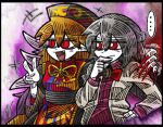  ... 2girls :/ :d angel_wings arm_up bangs beige_jacket braid breasts chinese_clothes closed_mouth dress fang feathered_wings fox_print french_braid hair_between_eyes hand_on_another&#039;s_shoulder hand_on_hip hand_to_own_mouth junko_(touhou) kishin_sagume long_hair long_sleeves looking_to_the_side medium_breasts multiple_girls nail_polish obi open_mouth orange_hair phoenix_crown purple_dress red_nails sash short_hair silver_hair single_wing smile spoken_ellipsis standing suenari_(peace) tabard tassel tongue touhou upper_body v very_long_fingernails wide_sleeves wings 