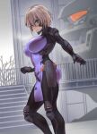  1girl bare_tree blonde_hair blue_eyes bodysuit breasts clenched_hand commission covered_navel eyebrows_visible_through_hair fortified_suit highres impossible_bodysuit impossible_clothes large_breasts looking_at_viewer makishima_azusa mecha mig-21_balalaika_(muvluv) muvluv muvluv_alternative open_hand original parted_lips pilot_suit purple_eyes schwarzesmarken science_fiction short_hair skeb_commission skin_tight tactical_surface_fighter tree visor 