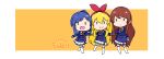  3girls :d absurdres aikatsu! aikatsu!_(series) bangs blonde_hair blue_hair blue_jacket brown_hair chibi closed_mouth commentary_request eyebrows_visible_through_hair hair_between_eyes hair_ribbon hairband highres hitomiz hoshimiya_ichigo jacket kiriya_aoi long_hair long_sleeves multiple_girls orange_background pleated_skirt red_hairband red_ribbon ribbon shibuki_ran shirt side_ponytail skirt smile soleil_(aikatsu!) standing standing_on_one_leg teeth thighhighs two-tone_background upper_teeth very_long_hair white_background white_legwear white_shirt white_skirt 