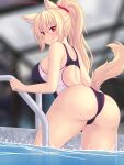  1girl :3 :p animal_ear_fluff animal_ears ass bangs blonde_hair blurry blurry_background blush breasts cat_ears cat_tail competition_swimsuit english_commentary eyebrows_visible_through_hair from_behind highres large_breasts long_hair looking_at_viewer looking_back nottytiffy one-piece_swimsuit original ponytail pool_ladder slit_pupils solo swimsuit tail tiffy_(nottytiffy) tongue tongue_out water web_address wet 