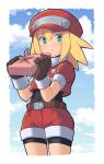  1girl belt bike_shorts blonde_hair brown_gloves cabbie_hat cloud cropped_jacket gloves green_eyes hat highres jacket long_hair looking_at_viewer m.m mega_man_(series) mega_man_legends open_mouth red_headwear red_jacket red_shorts roll_caskett_(mega_man) short_sleeves shorts solo 