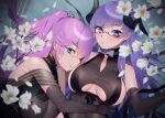 2girls absurdres azur_lane bare_shoulders black_dress black_gloves black_ribbon blue_eyes breasts brown_gloves brown_leotard china_dress chinese_clothes cleavage_cutout clothing_cutout curled_horns demon_girl demon_horns dress elbow_gloves eyebrows_visible_through_hair flower from_above from_side gloves gneisenau_(azur_lane) gneisenau_(nightmarish_succubus)_(azur_lane) halloween_costume highres horns large_breasts leotard long_hair looking_at_viewer mimiko_(fuji_310) multiple_girls official_alternate_costume pink_hair purple_hair rectangular_eyewear red-framed_eyewear ribbon scharnhorst_(azur_lane) scharnhorst_(panther_und_pflaume)_(azur_lane) see-through skindentation smile taut_clothes taut_dress underboob_cutout upper_body white_flower 