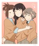  3girls ^_^ absurdres artist_name black_hair brown_hair closed_eyes girl_sandwich grin heart highres hug kojiro337 long_hair multiple_girls original sandwiched school_uniform short_hair short_ponytail smile sweater 