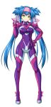  1girl absurdres bangs blue_eyes blue_hair bodysuit breasts covered_navel finger_gun gloves hairband hand_on_hip highres impossible_bodysuit impossible_clothes kamiya_tomoe klan_klein large_breasts long_hair macross macross_frontier pilot_suit pink_hairband purple_bodysuit purple_gloves skin_tight smile solo standing twintails very_long_hair white_background 