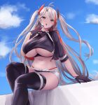  1girl absurdres azur_lane black_gloves black_jacket black_panties blue_sky blush breasts cropped_jacket gloves hair_ornament half_gloves highres huge_breasts jacket long_hair looking_at_viewer midriff multicolored_hair navel official_alternate_costume open_clothes open_jacket open_mouth orange_eyes outdoors panties prinz_eugen_(azur_lane) prinz_eugen_(final_lap)_(azur_lane) silver_hair sitting sky solo streaked_hair thighhighs twintails underboob underwear very_long_hair yuuki_shuri 