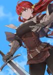  1girl armor belt blue_sky breasts capelet check_commentary commentary_request from_below gauntlets hair_ribbon highres holding holding_sword holding_weapon jun_(seojh1029) leather_armor long_hair original red_hair ribbon sheath sky solo sword twintails weapon 