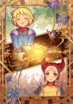  2boys ahoge anniversary blonde_hair blue_eyes blush brown_hair closed_eyes collar copyright_name crying crying_with_eyes_open drill_hair earrings facial_mark fairy final_fantasy final_fantasy_tactics_advance forehead_mark glowing hands haruhito_(pixiv56745) highres jewelry male_focus marche_radiuju mewt_randell multiple_boys necklace short_hair shoulder_spikes snowflakes spikes tears upper_body watermark 