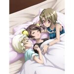  3girls andou_kuriyo artist_request bed blonde_hair blush breasts brown_hair closed_eyes closed_mouth eyebrows_visible_through_hair holding_hands indoors itaba_yumi looking_at_another medium_breasts multiple_girls official_art on_bed open_mouth pillarboxed red_eyes senki_zesshou_symphogear senki_zesshou_symphogear_xd_unlimited shiny shiny_hair short_hair sleeping smile terashima_shiori twintails 