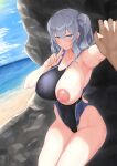  1boy 1girl absurdres armpits beach blue_eyes blush breasts competition_swimsuit eyebrows_visible_through_hair highres holding_hands index_finger_raised kantai_collection kashima_(kancolle) large_breasts long_hair naughty_face nipples one-piece_swimsuit one_breast_out silver_hair smile swimsuit tofu_penguin twintails wet wet_clothes wet_swimsuit 
