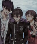  1girl 2boys ahoge bangs black_hair black_jacket black_sailor_collar blush breast_pocket brown_hair cloud collarbone commentary_request danganronpa_(series) danganronpa_v3:_killing_harmony facial_hair goatee grey_sky grin hair_up haji_(shame_3800) harukawa_maki highres jacket long_hair long_sleeves looking_at_another low_twintails mole mole_under_eye momota_kaito multiple_boys open_clothes open_jacket open_shirt outdoors pink_jacket pocket print_shirt red_eyes red_scrunchie red_shirt saihara_shuuichi sailor_collar scrunchie shirt smile spiked_hair striped striped_jacket twintails upper_body 