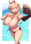  1girl absurdres ahoge armpits azur_lane bare_legs between_breasts bikini black_bikini black_gloves blonde_hair blush bracelet breasts cellphone character_name choker cleavage commentary copyright_name demon_horns elbow_gloves eyelashes fangs feet_out_of_frame flower gloves hair_flower hair_ornament heart heart-shaped_pupils highres holding holding_phone horns iparuputsua jewelry kumano_(azur_lane) kumano_(fancy_waves)_(azur_lane) large_breasts long_hair looking_at_viewer multi-strapped_bikini nipples official_alternate_costume open_mouth outstretched_arm phone purple_eyes red_choker red_neckwear sagging_breasts selfie single_elbow_glove single_glove smartphone smile solo string_bikini swimsuit symbol-shaped_pupils thighs tongue tongue_out topless v wrist_flower x_hair_ornament 