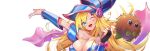 1girl absurdres arm_up bangs bare_shoulders blonde_hair blue_eyes blush breasts bridal_gauntlets capelet cleavage collar commentary_request dark_magician_girl duel_monster fingernails hat highres kenko_(a143016) kuriboh large_breasts lips long_hair looking_at_viewer one_eye_closed open_mouth shiny shiny_hair simple_background solo upper_body white_background wizard_hat yu-gi-oh! 