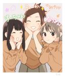  3girls ^_^ absurdres brown_eyes brown_hair closed_eyes hands_on_own_face highres kojiro337 long_hair multiple_girls original school_uniform short_hair short_ponytail smile sweater upper_body 