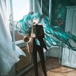  1girl aqua_hair cityscape closed_eyes closet curtains flower formal hatsune_miku heater highres indoors instrument light_smile long_hair music necktie open_window pant_suit pants plant playing_instrument potted_plant radiator reoen saxophone solo suit symbol-only_commentary twintails very_long_hair vocaloid wind wind_lift window wooden_floor 