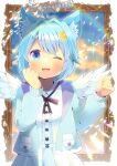  1girl ;d ahoge animal_ear_fluff animal_ears bangs black_bow blue_eyes blue_hair blue_jacket blurry blurry_background blush bow center_frills collared_shirt commentary_request commission copyright_request depth_of_field eyebrows_visible_through_hair feathered_wings food-themed_hair_ornament frills hair_intakes hair_ornament hands_up jacket kou_hiyoyo lemon_hair_ornament lens_flare long_sleeves mini_wings one_eye_closed open_clothes open_jacket picture_frame pleated_skirt puffy_long_sleeves puffy_sleeves shirt skeb_commission skirt smile solo white_shirt white_skirt white_wings wings 