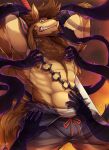  1boy abs animal_ears arms_behind_head bara brown_fur chest_hair fangs feet_out_of_frame furry furry_male long_hair looking_at_viewer male_focus mohawk muscular muscular_male nipples pectorals rabbity_art re:zero_kara_hajimeru_isekai_seikatsu reward_available ricardo_(re:zero) sharp_teeth sidelocks solo spiked_hair stomach stretched_limb sword sword_behind_back tail teeth tentacles tentacles_on_male topless_male weapon wolf_boy wolf_ears wolf_tail 