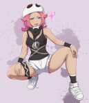  1girl black_legwear black_shirt blush breasts bright_pupils closed_mouth commentary eyelashes flipped_hair full_body highres milka_(milk4ppl) pink_eyes pink_hair pokemon pokemon_(game) pokemon_sm shirt shoes short_shorts shorts signature skull-shaped_hat skull_necklace sleeveless sleeveless_shirt smile socks solo sparkle spread_legs squatting team_skull team_skull_grunt team_skull_uniform thigh_strap tongue tongue_out white_footwear white_pupils white_shorts wristband 