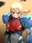  1girl arm_cannon armor bangs blonde_hair blue_eyes go_d_e highres long_hair looking_at_viewer metroid metroid_dread mole mole_under_mouth ponytail power_armor power_suit samus_aran simple_background solo upper_body weapon 