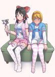  2girls alice_margatroid bad_id bad_twitter_id bangs black_eyes black_hair blonde_hair blue_jacket blush bow bow_legwear breasts brown_hair closed_mouth commentary_request cookie_(touhou) dress eyebrows_visible_through_hair flat_chest food_print frilled_bow frilled_dress frilled_hairband frills full_body hair_bow hair_tubes hairband hakurei_reimu hide_(acceed) highres holding holding_wand jacket layered_sleeves long_sleeves looking_at_viewer manatsu_no_yo_no_inmu medium_breasts medium_hair multiple_girls ohasi pink_bow pink_lips pink_skirt pleated_skirt print_legwear red_bow red_eyes red_hairband sananana_(cookie) short_dress short_hair short_over_long_sleeves short_sleeves sitting skirt smile strawberry_print striped striped_legwear taisa_(cookie) thighhighs touhou v-neck wand wavy_mouth white_dress white_legwear yin_yang 