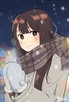  1girl brown_eyes brown_hair coat highres kojiro337 long_hair looking_at_viewer mittens original outdoors own_hands_together scarf smile snow winter_clothes 