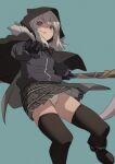  1girl bangs black_gloves black_legwear blue_background blue_hair blush cape commentary_request eyebrows_visible_through_hair fate_(series) fu-ta gloves gray_(fate) grey_hair holding holding_scythe hood hooded_cape looking_at_viewer lord_el-melloi_ii_case_files panties parted_lips pleated_skirt scythe simple_background skirt solo thighhighs underwear white_panties 
