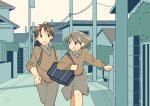  1boy 1girl artist_name bag brown_eyes brown_hair highres kojiro337 miniskirt original outdoors pants road running school_bag school_uniform short_hair skirt street sweater town 