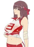  1girl absurdres bangs breasts brown_eyes brown_hair clothes_lift elbow_pads girls_und_panzer headband highres kondou_taeko large_breasts lifted_by_self looking_at_viewer medium_hair navel onsen_tamago_(hs_egg) open_mouth red_headband red_shirt red_shorts shirt shirt_lift short_shorts shorts simple_background single_vertical_stripe sleeveless sleeveless_shirt solo sportswear standing sweat symbol-only_commentary volleyball_uniform wet wet_clothes wet_shirt white_background 