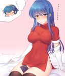  1boy 1girl awayuki_ramika bed_sheet between_legs black_legwear blue_eyes blue_hair blush box breasts caeda_(fire_emblem) chibi chibi_inset closed_mouth commentary covered_navel cowboy_shot dress elbow_gloves eyebrows_visible_through_hair fingerless_gloves fire_emblem fire_emblem:_new_mystery_of_the_emblem fire_emblem:_shadow_dragon gift gift_box gloves gradient gradient_background hair_between_eyes heart long_hair looking_at_viewer marth_(fire_emblem) medium_breasts panties panty_peek panty_straps pantyshot pink_background red_dress short_dress short_sleeves side_slit sidelocks simple_background sitting smile solo_focus straight_hair taut_clothes taut_dress teasing thighhighs thighs thong translated turtleneck_dress twitter_username underwear upskirt white_gloves white_panties 