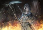  1girl absurdres ashes_of_ariandel capelet dark_souls_(series) dark_souls_iii dress fire hair_over_one_eye highres holding holding_scythe holding_weapon long_hair looking_at_viewer ragecndy scythe sister_friede veil weapon 