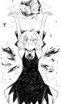  1girl :d ahoge bangs blush bow cirno collared_shirt commentary_request dress eyebrows_visible_through_hair flat_chest frog frozen frozen_frog greyscale hair_bow highres ice ice_wings long_dress looking_at_viewer maguro_(mawaru_sushi) monochrome neck_ribbon pinafore_dress ribbon shirt short_hair smile touhou white_background white_shirt wings 