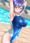  1girl arms_up blue_hair blue_swimsuit breasts commentary_request competition_swimsuit cowboy_shot highres large_breasts mole mole_under_eye nijisanji one-piece_swimsuit open_mouth pool poolside shizuka_rin short_hair solo swimsuit virtual_youtuber water yellow_eyes yurinozuku1112 