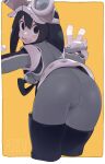  1girl absurdres aioi_u ass asui_tsuyu belt bent_over black_eyes black_hair black_legwear blush_stickers bodysuit boku_no_hero_academia breasts cameltoe goggles goggles_on_head highres long_hair looking_at_viewer open_mouth teeth thighhighs tongue tongue_out white_background 