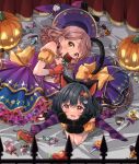  2girls animal_ears bare_shoulders black_hair blush candy closed_eyes commentary detached_sleeves dress english_commentary fake_animal_ears food gloves halloween hat hat_removed headwear_removed izumi_kirifu jack-o&#039;-lantern kneeling looking_at_viewer love_live! love_live!_nijigasaki_high_school_idol_club lying mifune_shioriko multiple_girls on_bed on_side paw_pose pink_hair puffy_short_sleeves puffy_sleeves purple_dress purple_legwear short_sleeves striped striped_legwear uehara_ayumu witch_hat 