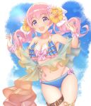  1girl bangs bare_shoulders bikini blue_bikini blue_sky blush breasts cleavage collarbone flower gatchapowa hair_flower hair_ornament highres large_breasts long_hair looking_at_viewer navel open_mouth pink_hair princess_connect! purple_eyes sky smile solo swimsuit thighs tsumugi_(princess_connect!) twintails 