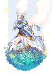 1girl absurdres armor armored_boots armored_dress blue_armor boots feathers flower gold helmet highres kamenzhui lenneth_valkyrie long_hair plant shoulder_armor silver_hair solo sword valkyrie valkyrie_profile weapon winged_helmet wings 