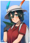  1girl backpack bag black_gloves black_undershirt blue_background breasts collarbone commentary dark_green_hair gloves green_eyes hat hat_feather highres john_(a2556349) kaban_(kemono_friends) kemono_friends looking_at_viewer medium_breasts paper_airplane red_shirt shirt short_hair short_sleeves signature smile solo split_mouth undershirt upper_body white_headwear 