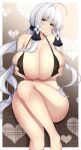  1girl absurdres ahoge arashiki_mamizu azur_lane black_bra black_scrunchie blue_eyes blush bottomless bra breasts eyebrows_visible_through_hair hands_on_own_breasts heart highres huge_breasts illustrious_(azur_lane) long_hair md5_mismatch micro_bra scrunchie silver_hair smile solo tri_tails underwear 