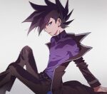  1boy aoki_(fumomo) bangs belt black_belt black_coat black_hair black_pants coat duel_academy_uniform_(yu-gi-oh!_gx) from_side grey_background hair_between_eyes long_sleeves male_focus manjoume_jun open_clothes open_coat pants parted_lips profile purple_shirt shirt simple_background sitting solo spiked_hair yu-gi-oh! yu-gi-oh!_gx 