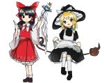  2girls adapted_costume apron apron_hold aqua_bow ascot bangs black_dress black_footwear black_hair black_headwear blonde_hair bow braid broom broom_riding brown_footwear collared_shirt commentary_request commission dress frilled_apron frilled_dress frilled_hat frilled_skirt frills gohei hair_bow hair_tubes hakurei_reimu hands_up hat head_tilt holding index_finger_raised kirisame_marisa long_hair long_sleeves multiple_girls neruzou open_mouth petticoat puffy_short_sleeves puffy_sleeves red_ascot red_bow red_eyes red_skirt red_vest ribbon-trimmed_sleeves ribbon_trim shirt shoes short_sleeves simple_background single_braid sitting skirt skirt_set smile socks standing touhou vest white_apron white_background white_bow white_legwear wide_sleeves witch witch_hat yellow_eyes zun_(style) 